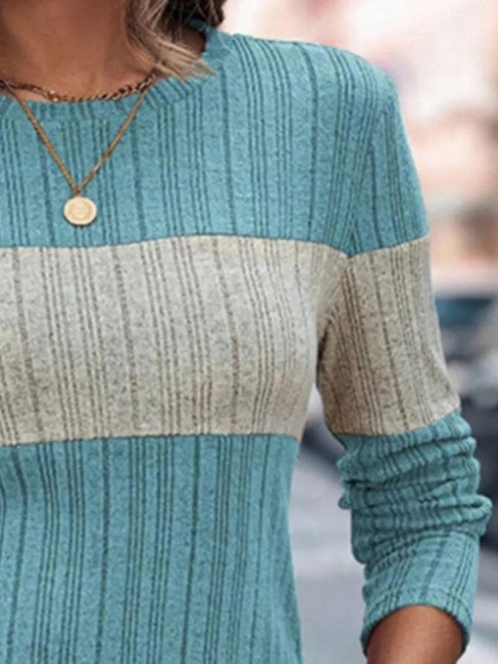 Color Block Round Neck Long Sleeve Sweater, image 4