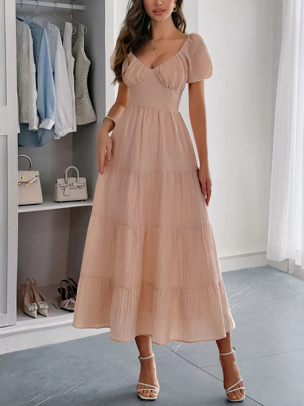 Backless Tiered Puff Sleeve Midi Dress, image 5