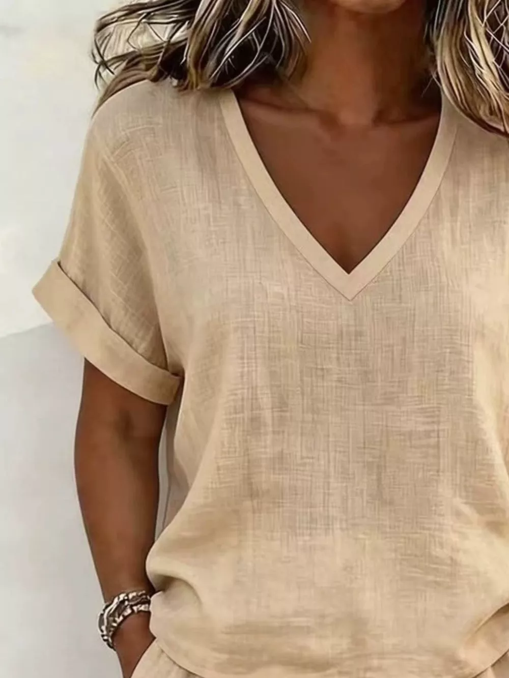 V-Neck Linen Blend Short Sleeve Top and Shorts Set, image 6