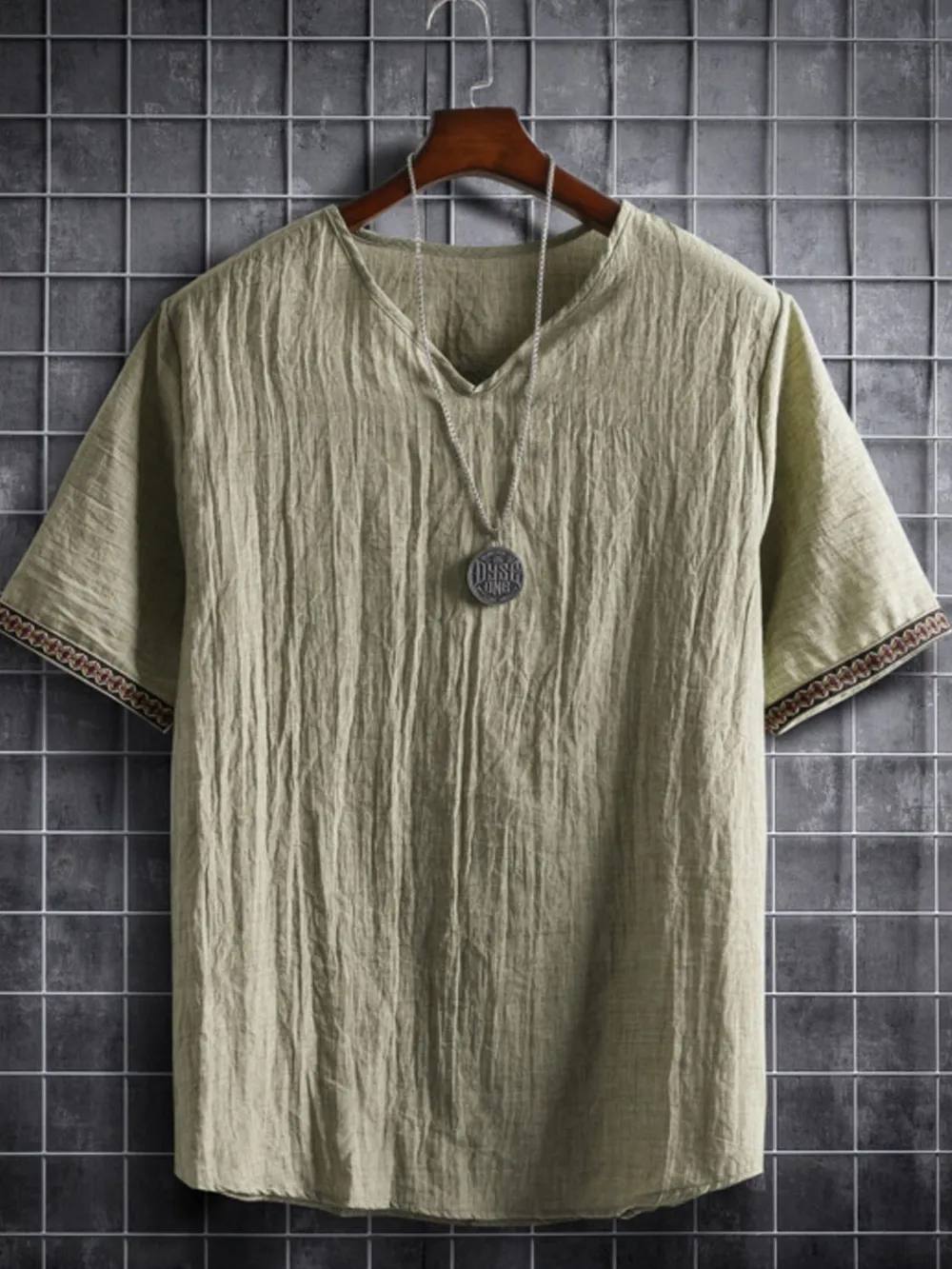 Men's Plus Size Texture Short Sleeve Top with Ethnic Trim, image 3