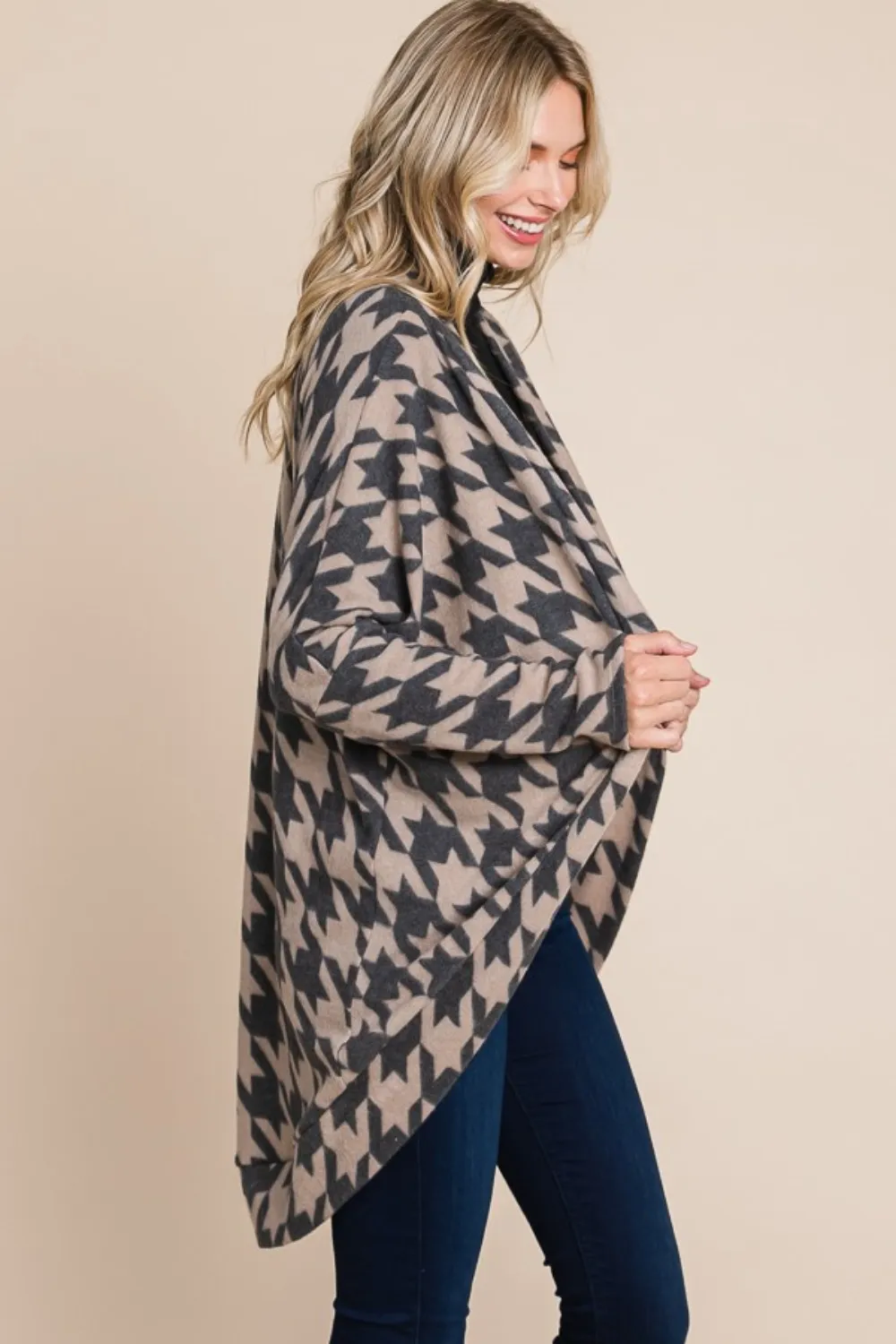 Houndstooth Open Front Cocoon Knit Cardigan, image 3