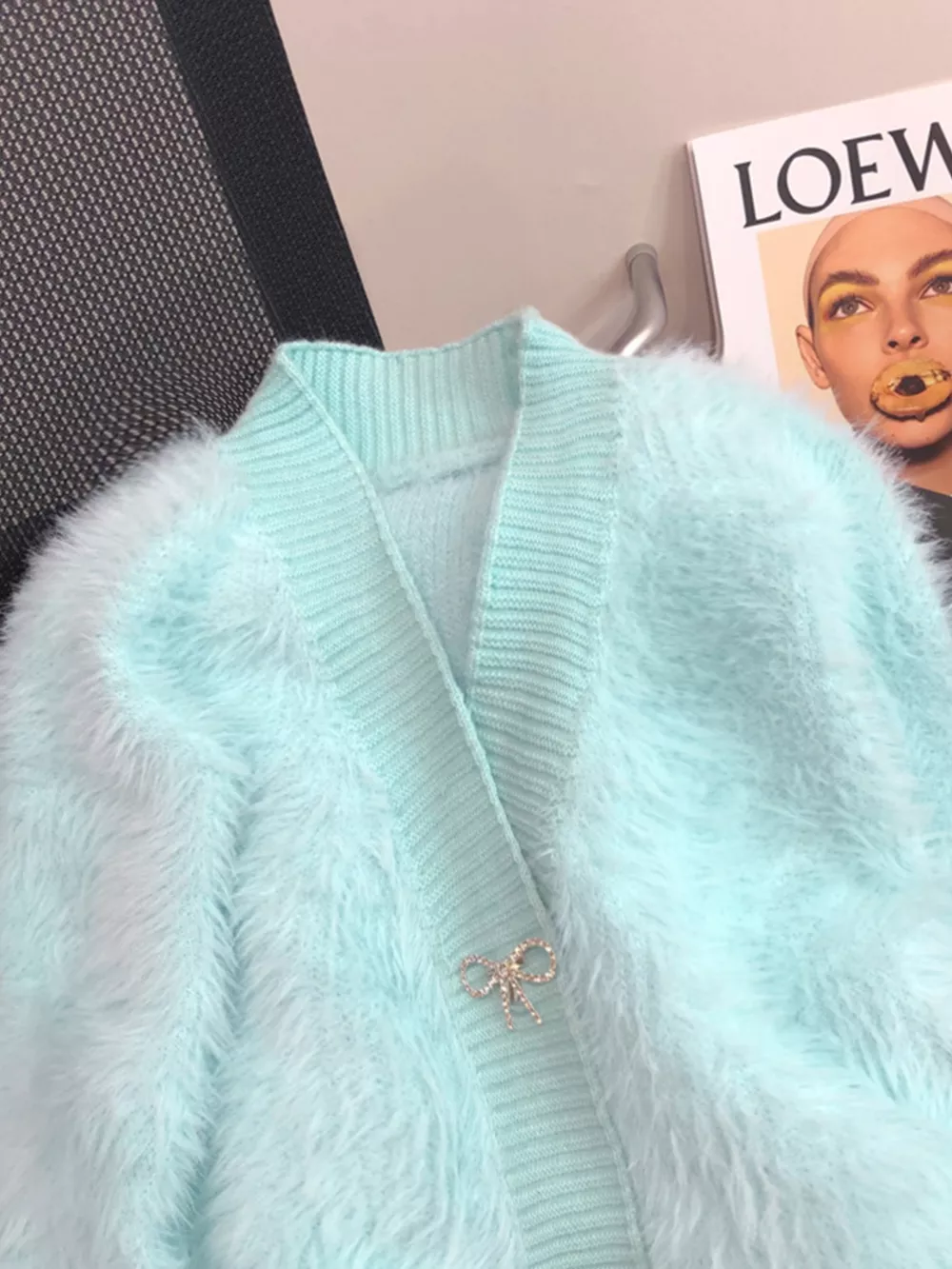 Fuzzy Bow Button Up Cardigan, image 12