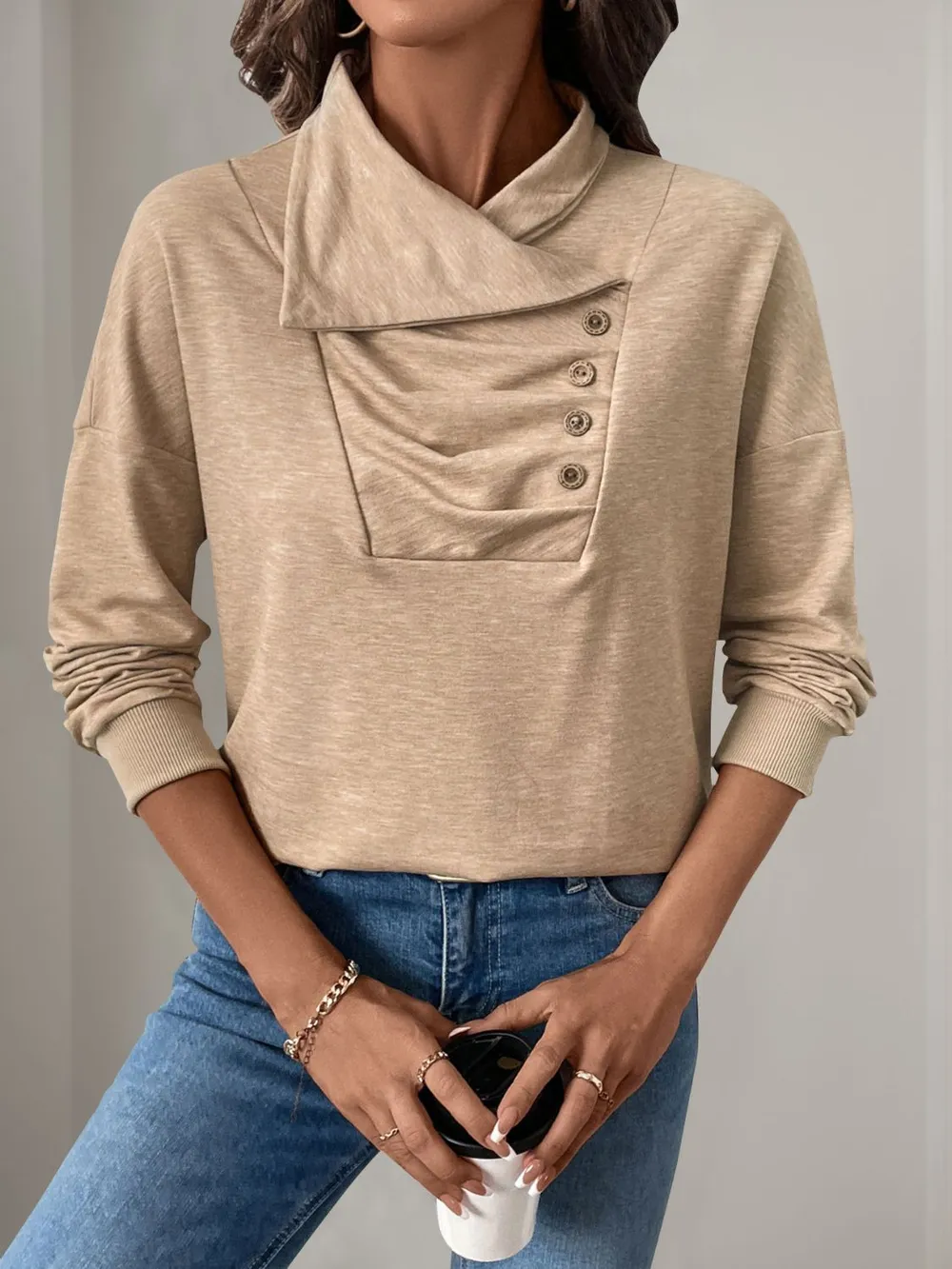 Asymmetric Mock Neck Long Sleeve Sweatshirt