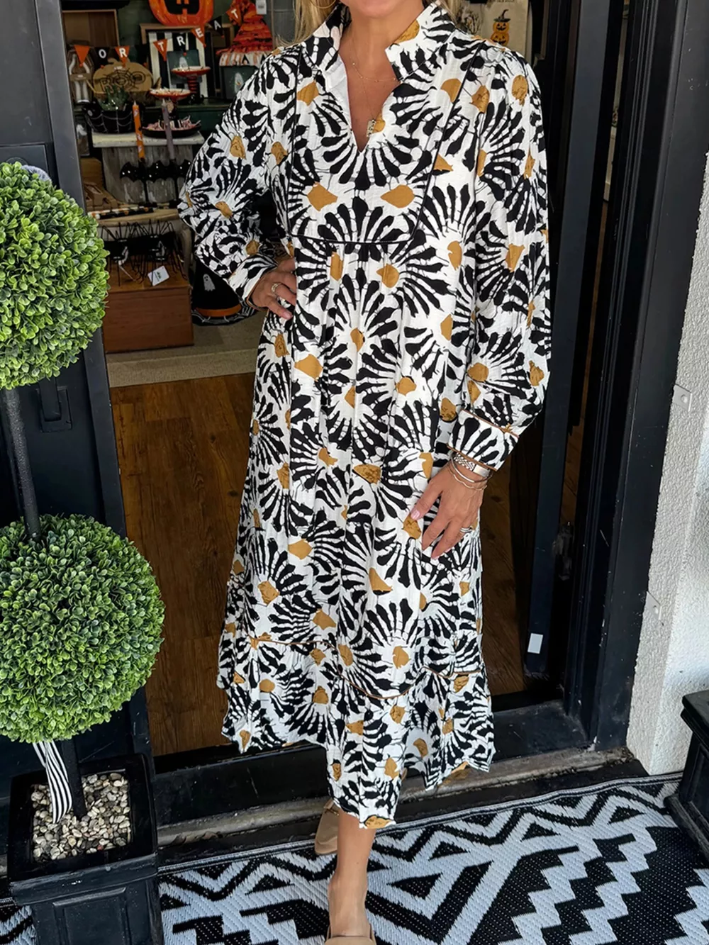 Abstract Floral Print Split Notched Dress