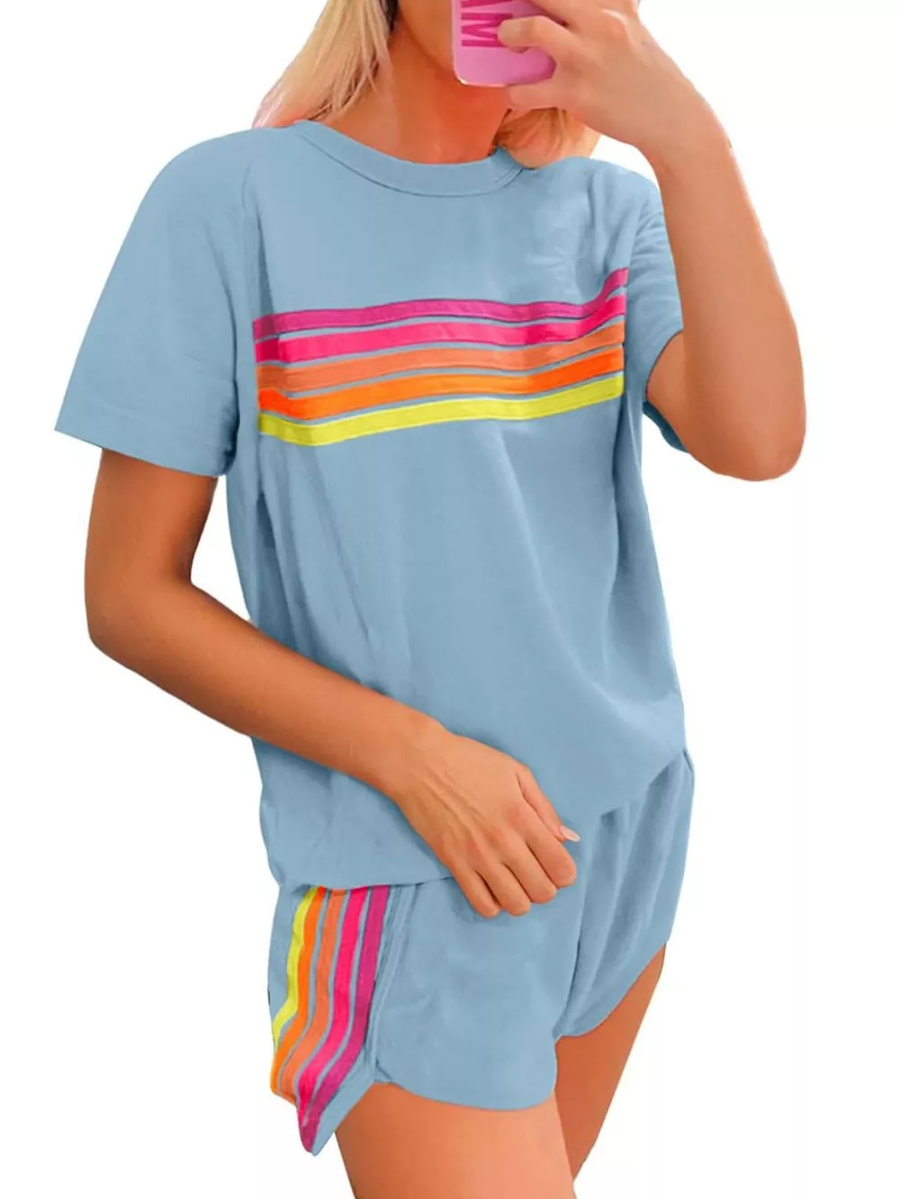 Rainbow Striped Round Neck Top and Shorts Set, image 20