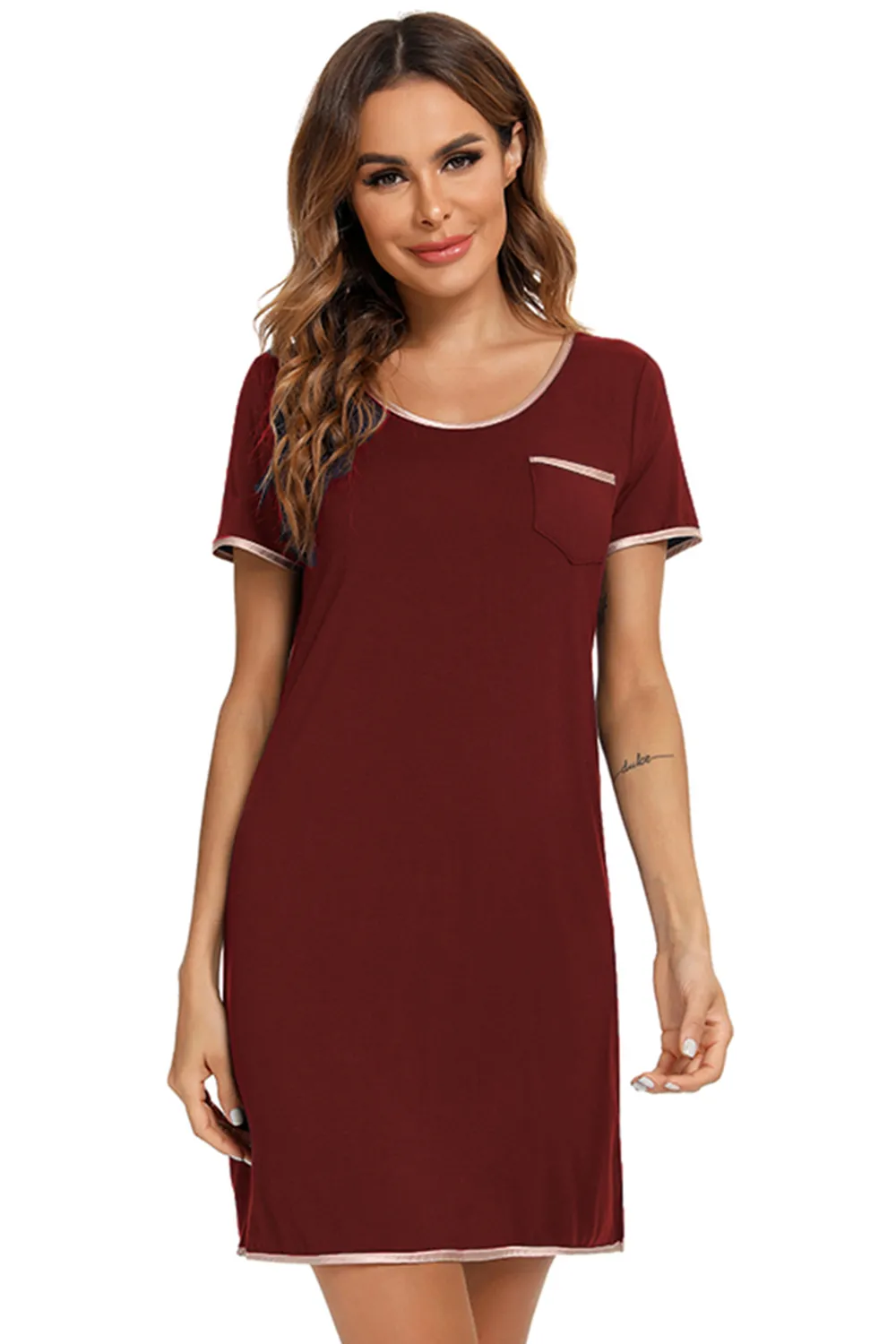 Contrast Trim Pocketed Round Neck Lounge Dress, image 17