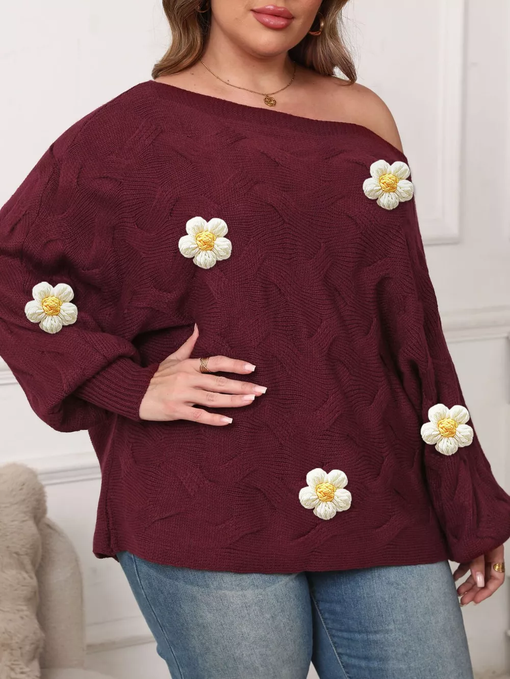 Plus Size One-Shoulder Floral Applique Sweater, image 3