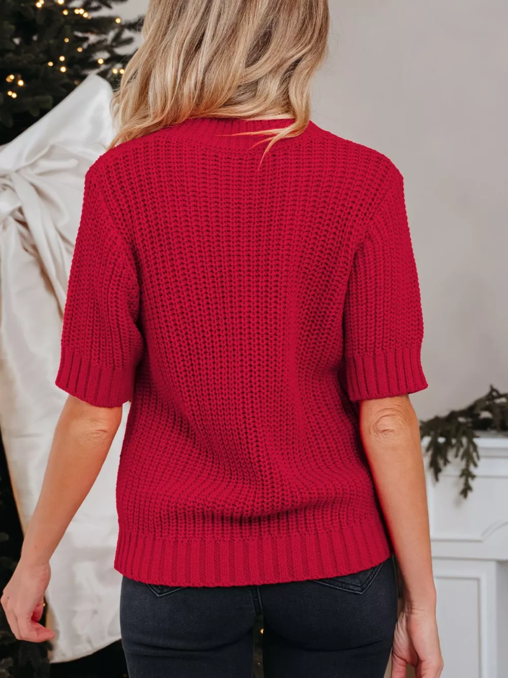 Plaid Lace Up Detail Christmas Holiday Puff Short Sleeve Sweater, image 4