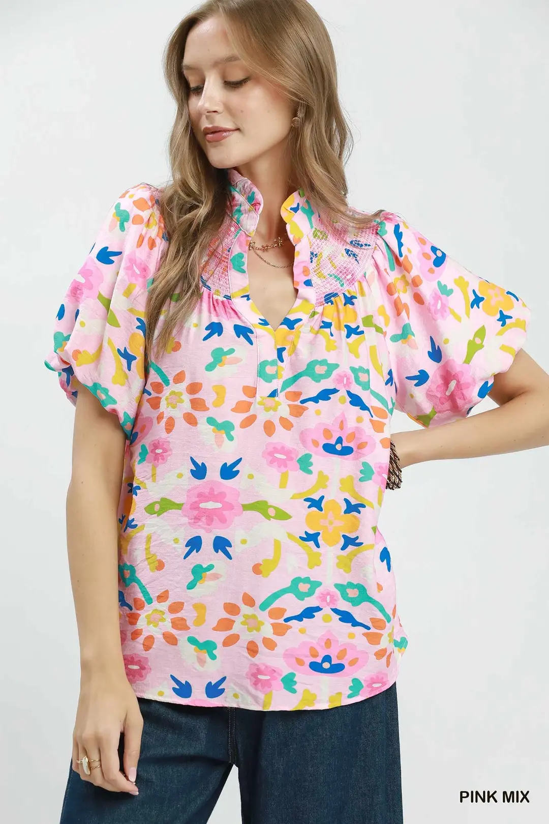 Folk Art Print Top with Smocked Detail