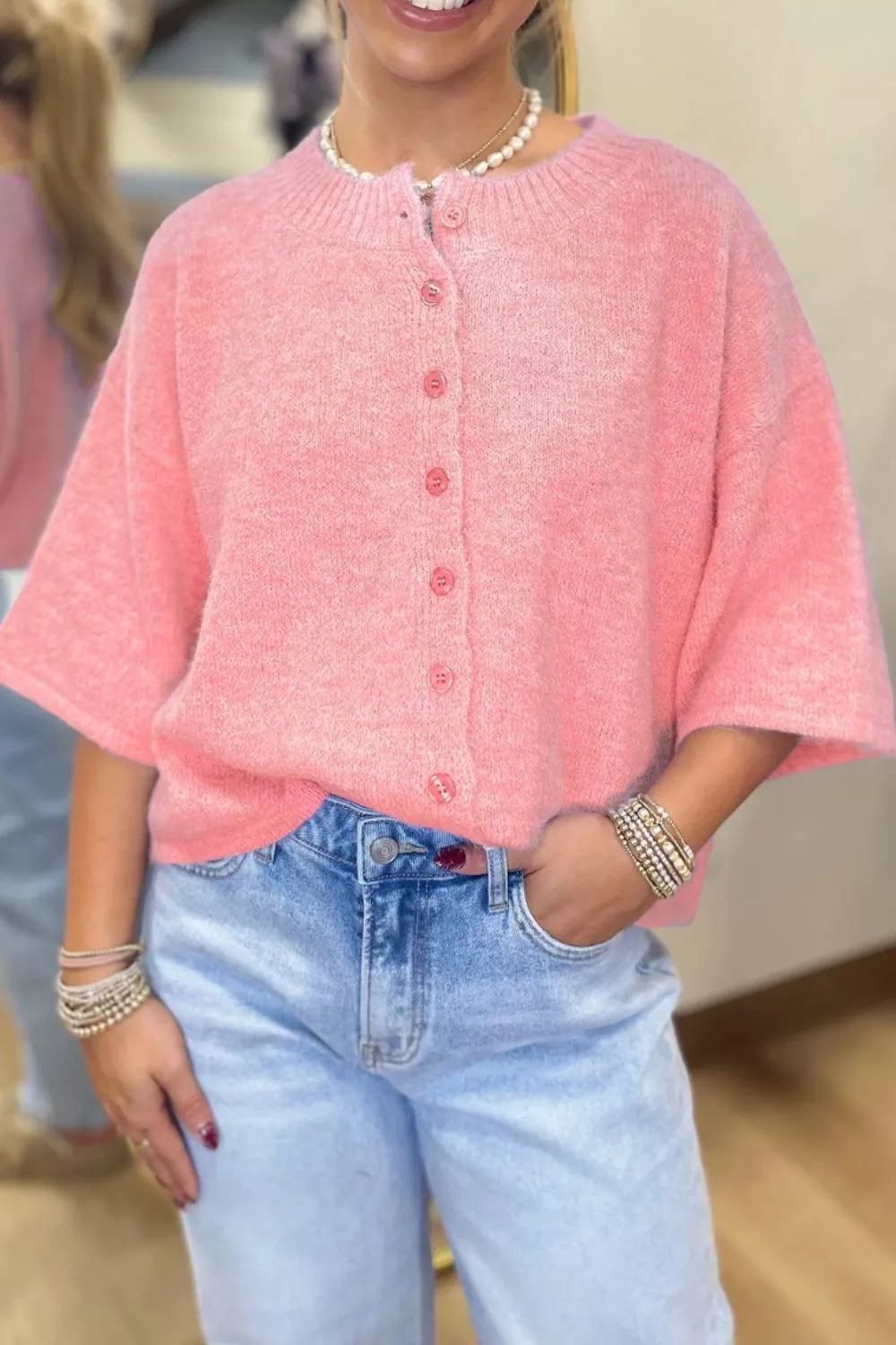 Blossom 3/4 Sleeve Boxy Knit Button Down Sweater Cardigan, image 4