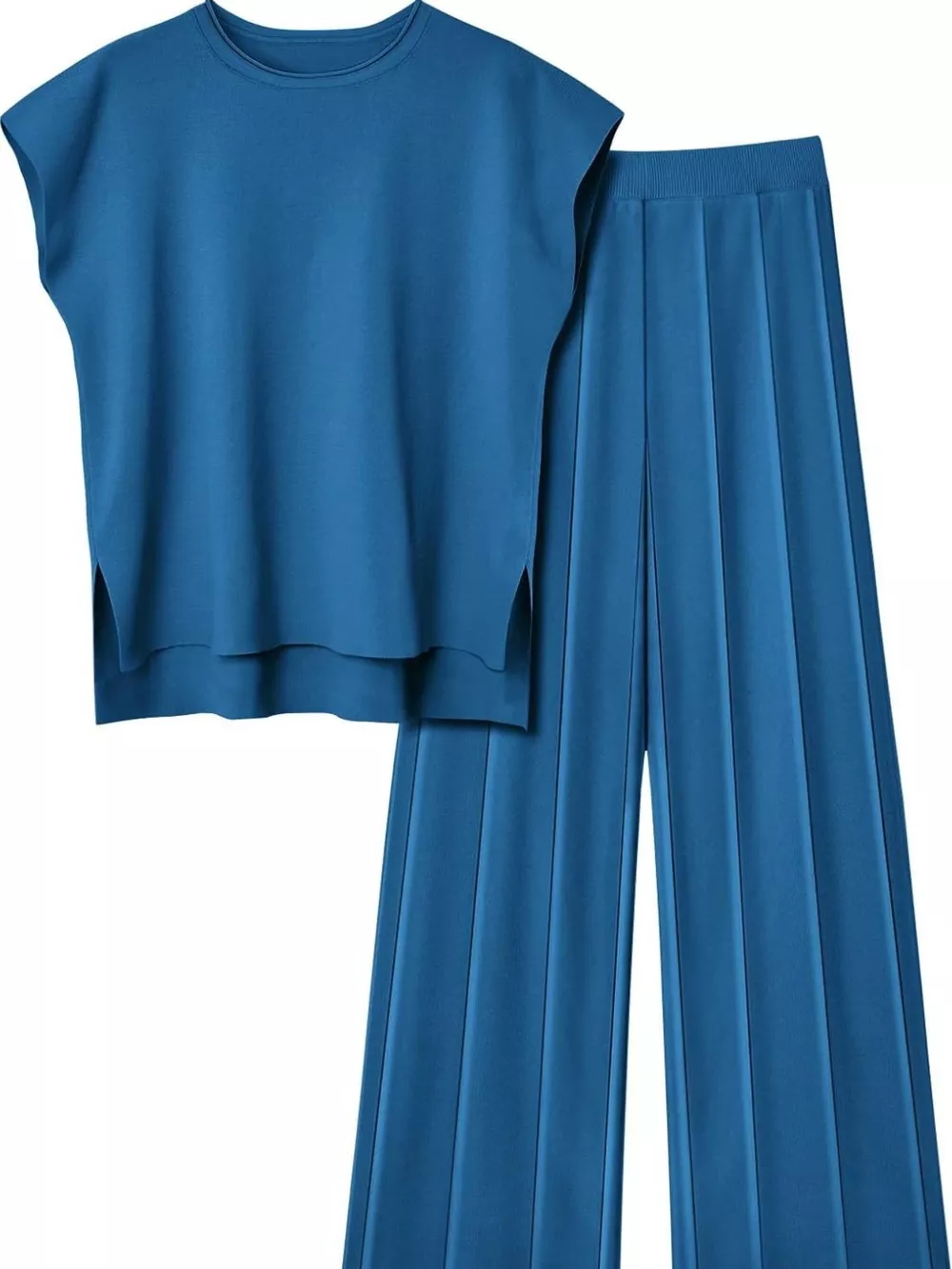 Casual Solid Color Cap Sleeve Top and Pants Knit Set, image 5