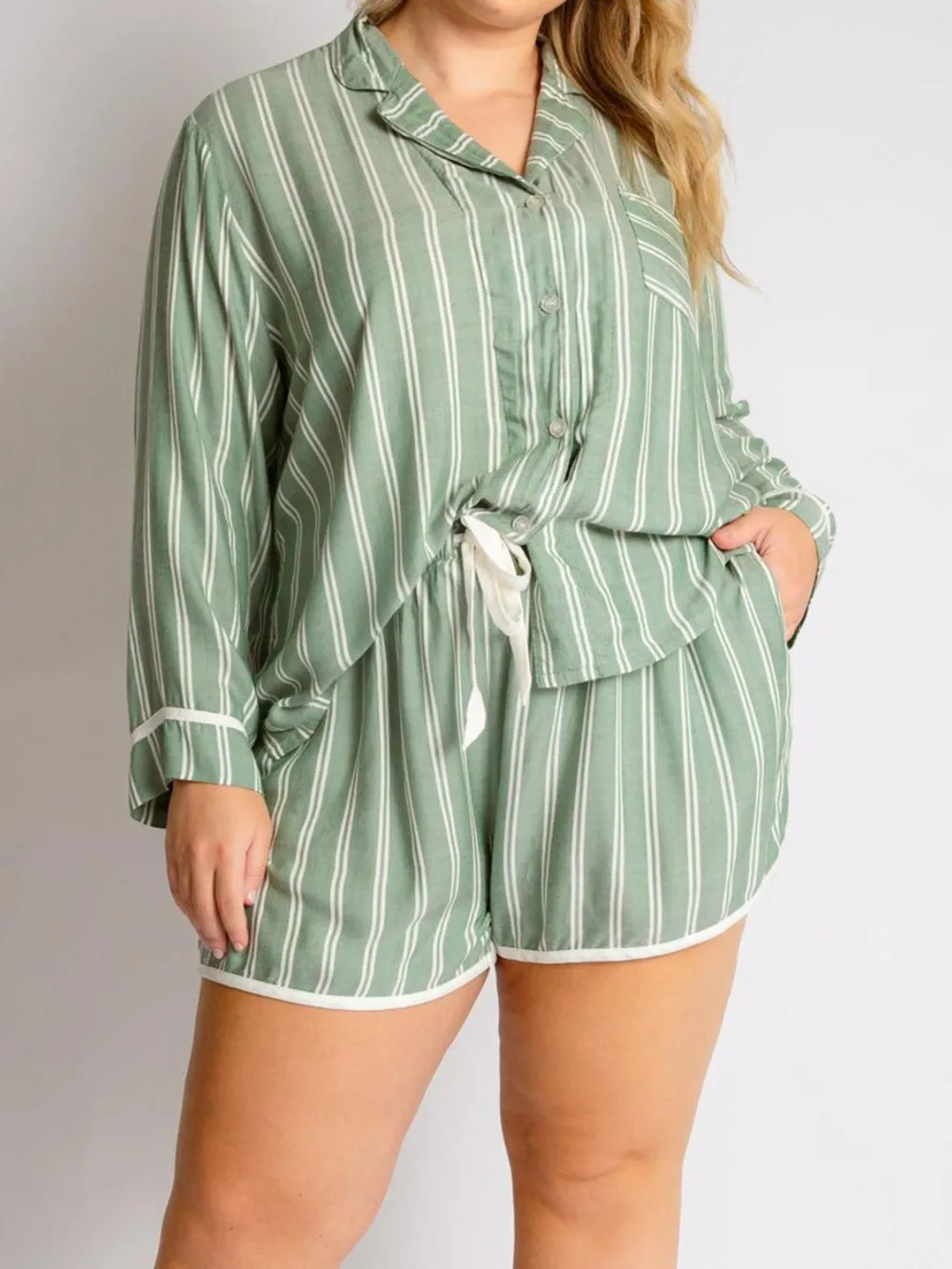Striped Collared Neck Long Sleeve Top and Shorts Lounge Set, image 7