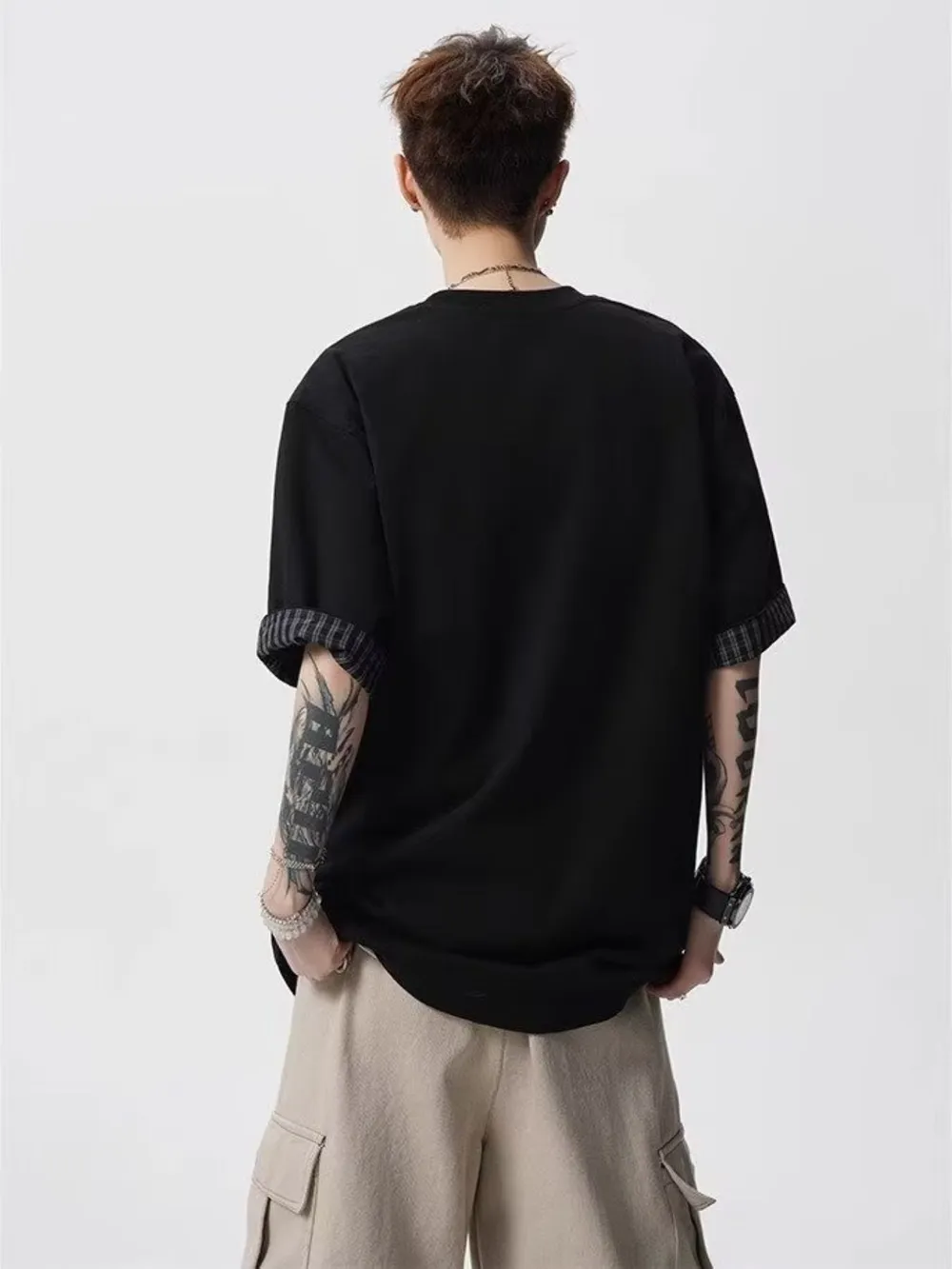 Men's Plaid Trim Round Neck Short Sleeve T-Shirt, image 5