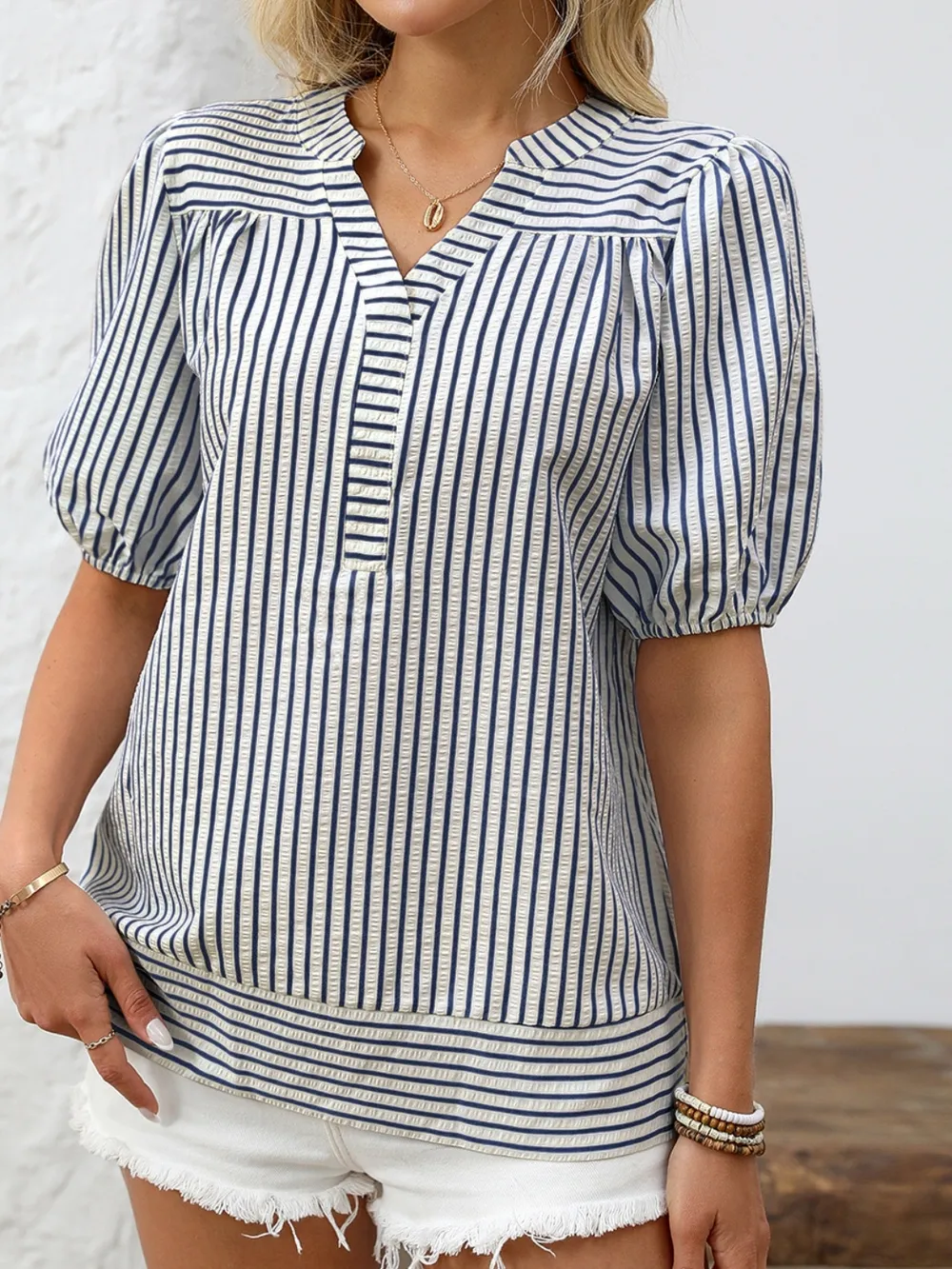 Striped Notched Puff Sleeve Blouse, image 14