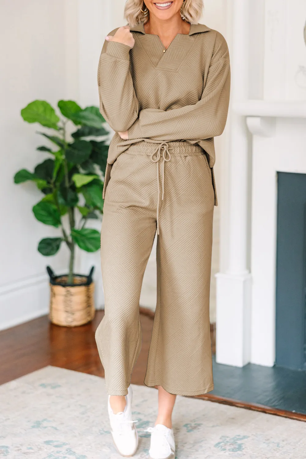 Textured Collared Neck Top and Wide Leg Pants Set, image 10
