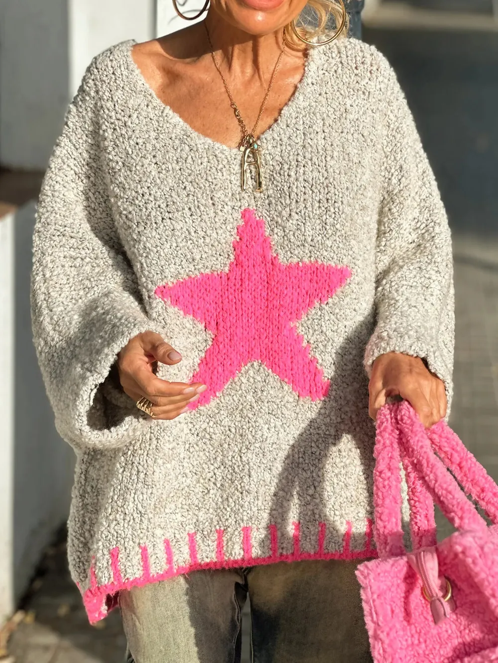 Star V-Neck Long Sleeve Oversize Sweater, image 10