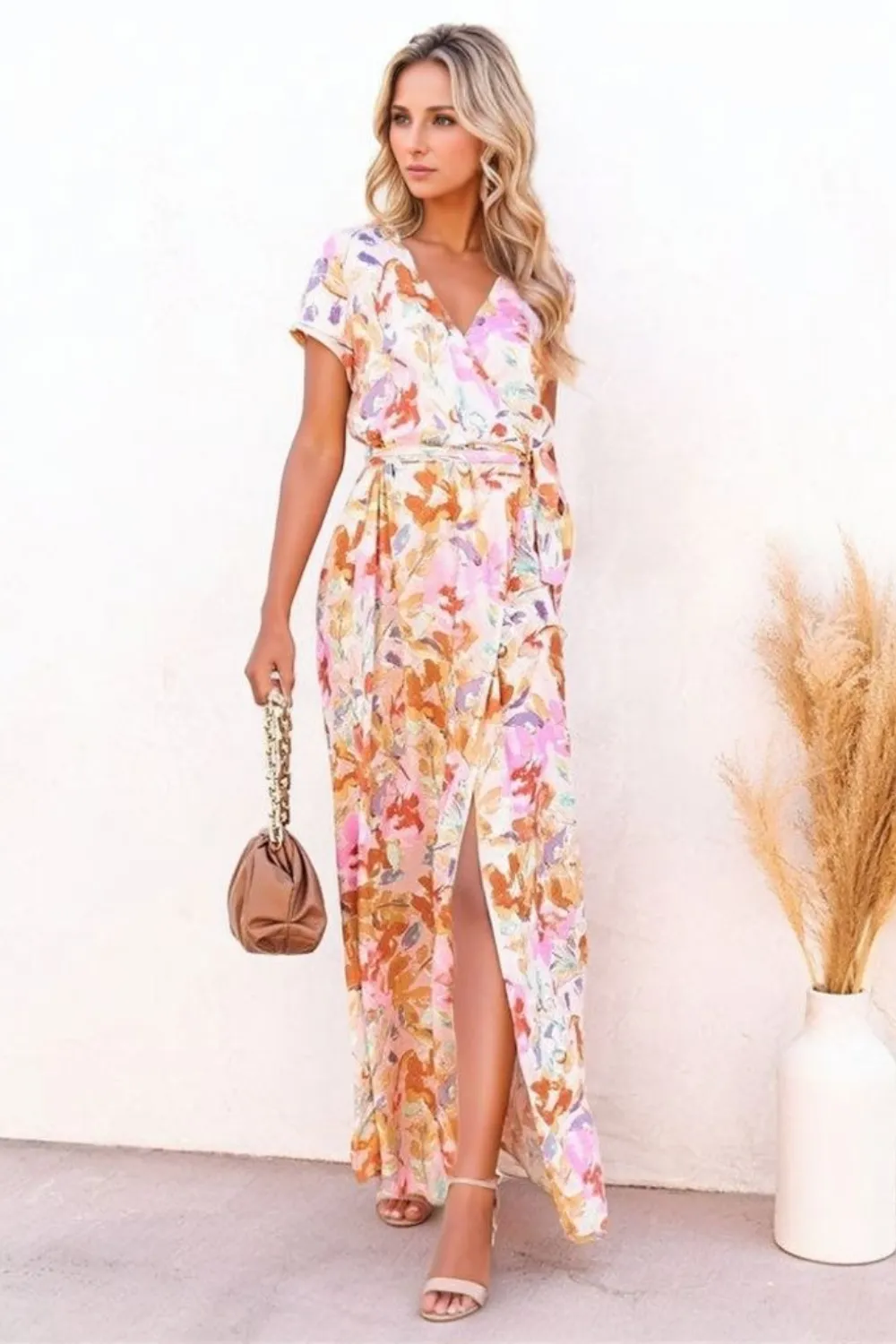 Printed Surplice Short Sleeve Tie Waist Maxi Dress, image 7