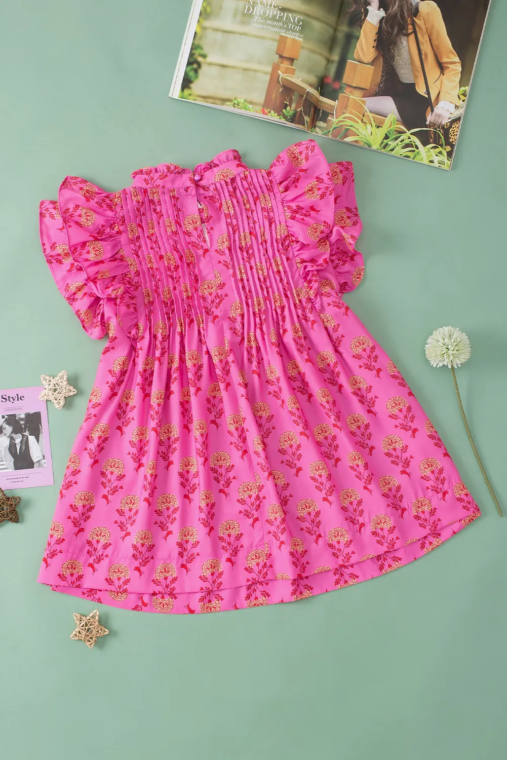 Ruffled Printed Mock Neck Cap Sleeve Blouse, image 5