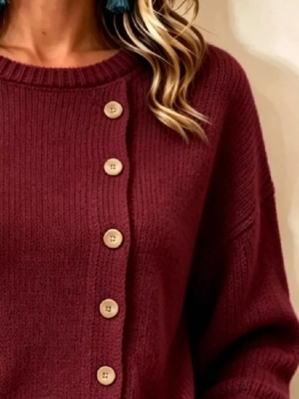 Decorative Button Round Neck Sweater, image 7