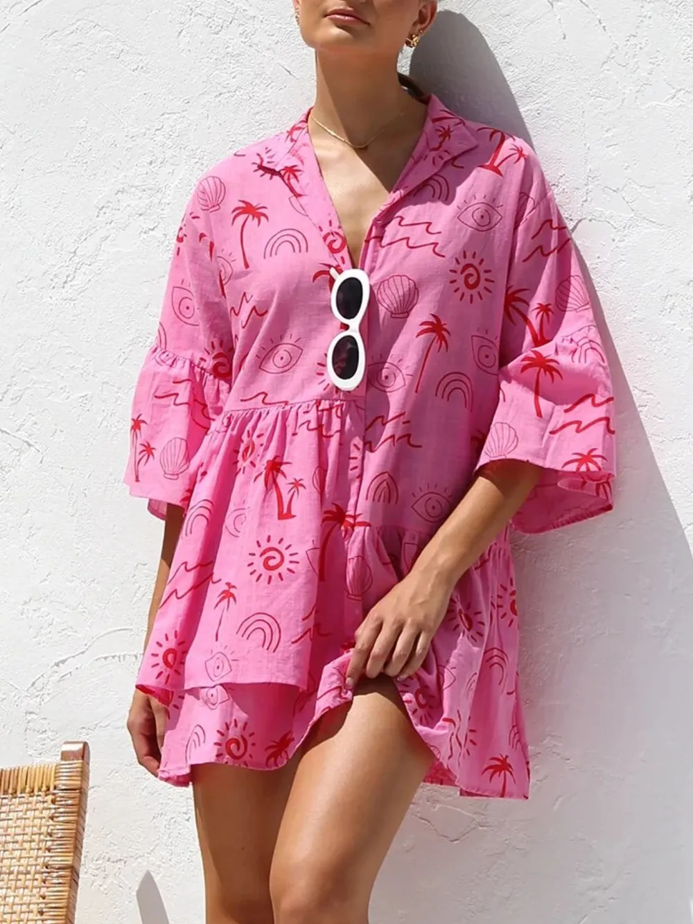 Button Detail Ruffled Hem Printed Mini Dress, image 3