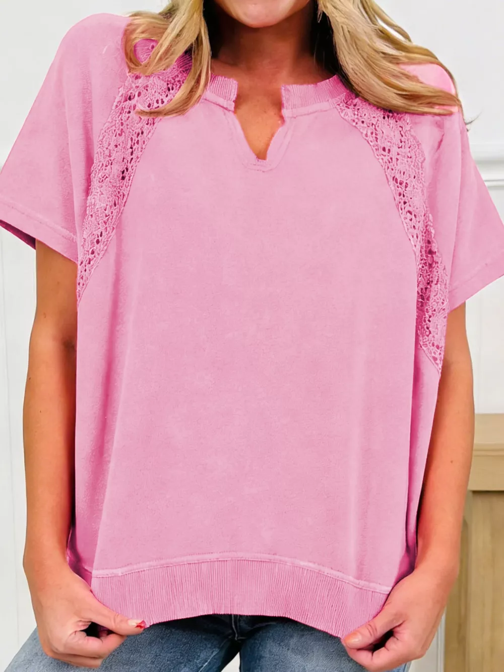 Raw Cut Notched Neck Lace Patchwork Detail Mineral Wash Tee