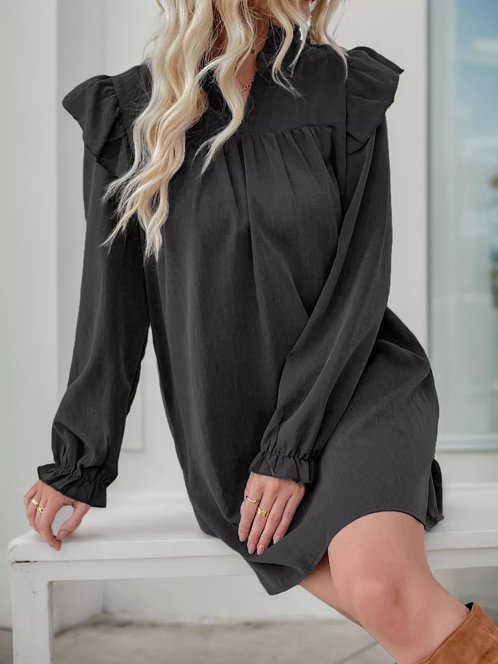 Ruffled Notched Flounce Sleeve Dress, image 11