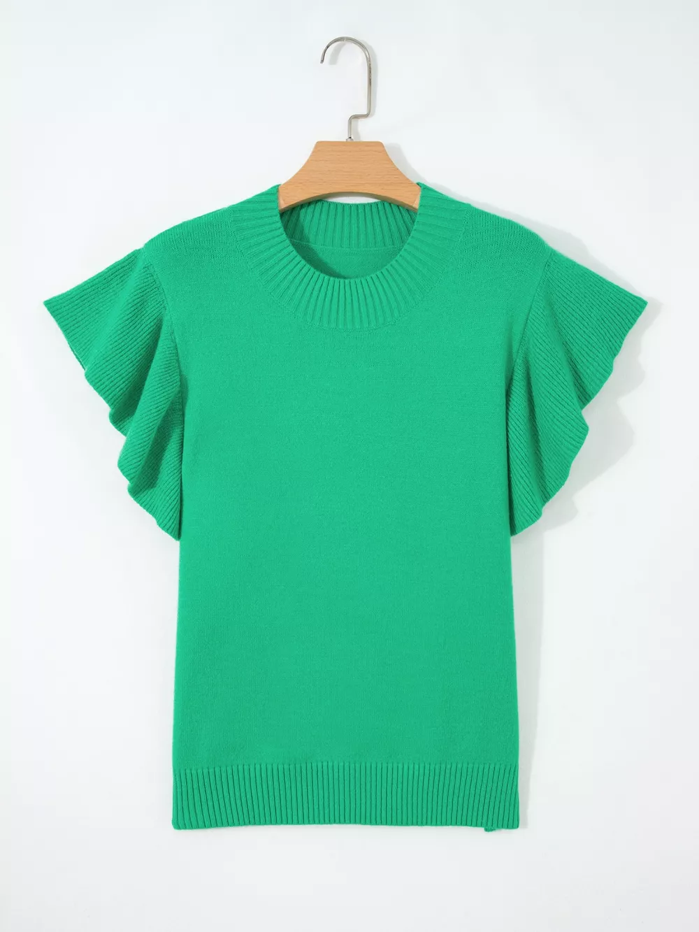 Solid Color Ribbed Trim Round Neck Ruffle Short Sleeve Sweater, image 13
