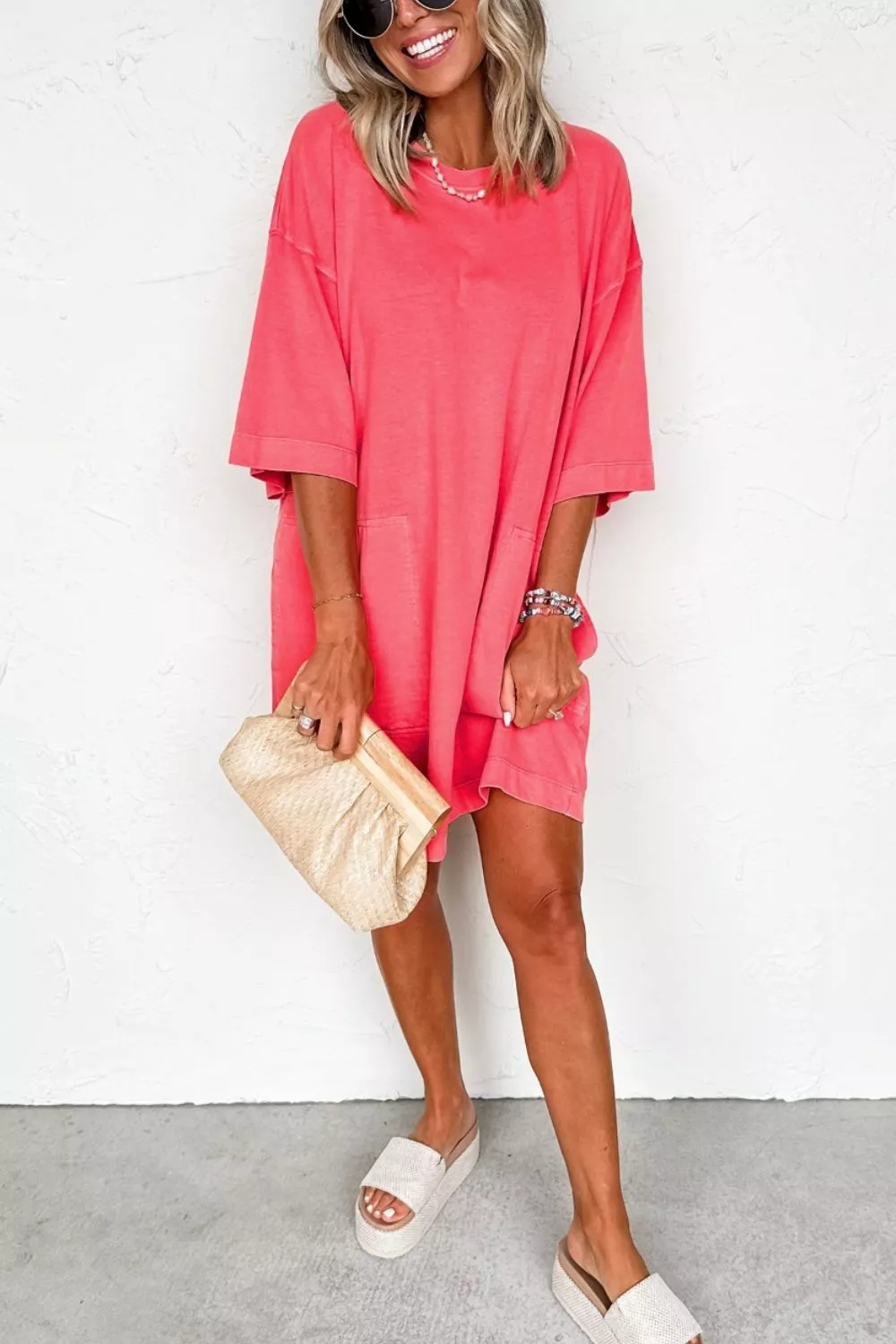 Coral Paradise Drop Shoulder Loose Casual T Shirt Mini Dress, image 2