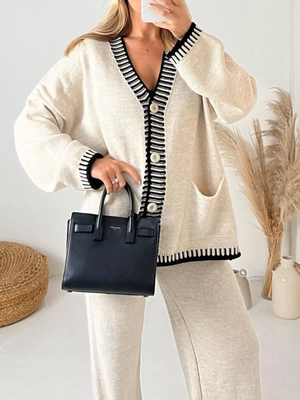 Button Up V-Neck Cardigan and Pants Sweater Set, image 3