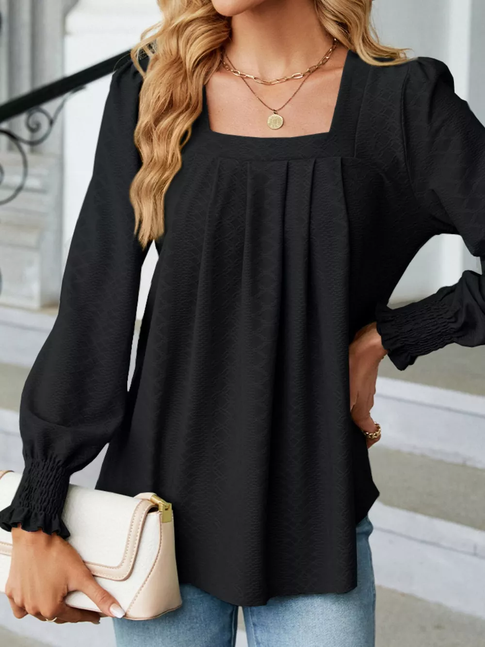 Pleated Square Neck Long Sleeve Top, image 12