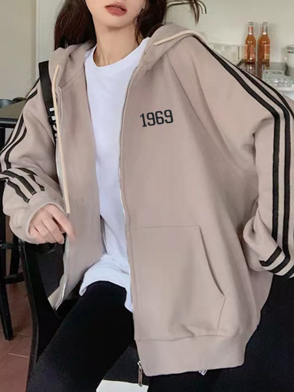 Striped Sleeve Zip-Up Hoodie, image 7