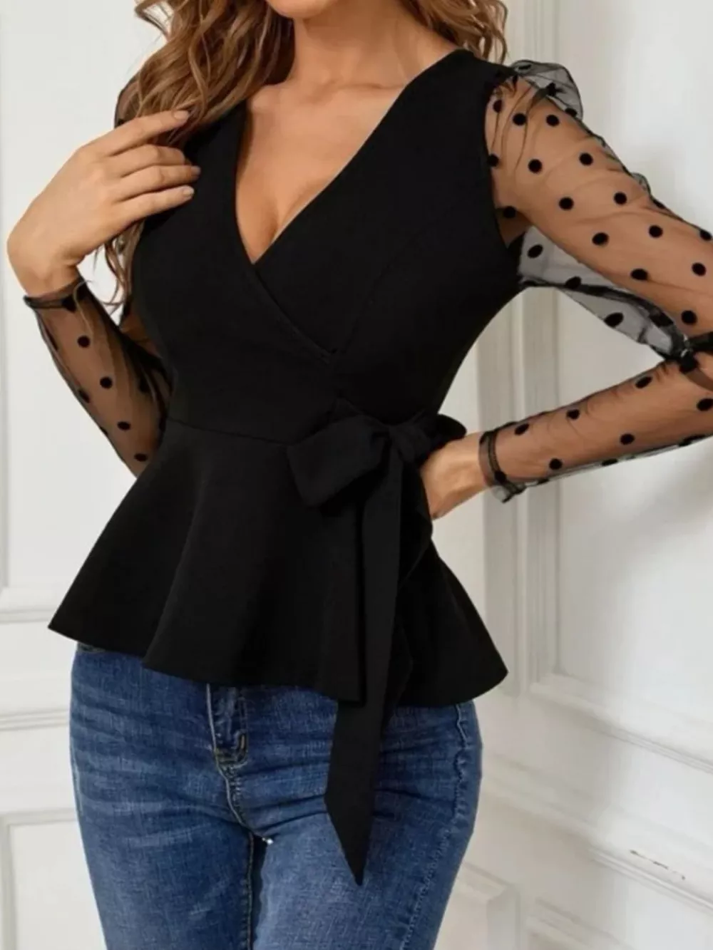 Polka Dot Mesh Sleeve Wrap Top, image 3