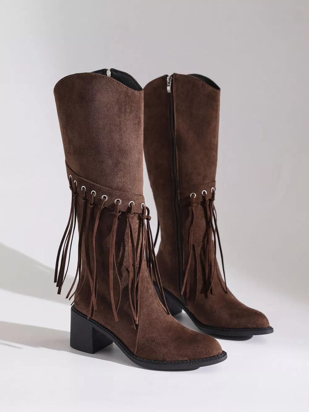 Fringe Point Toe Block Heels Boots, image 5