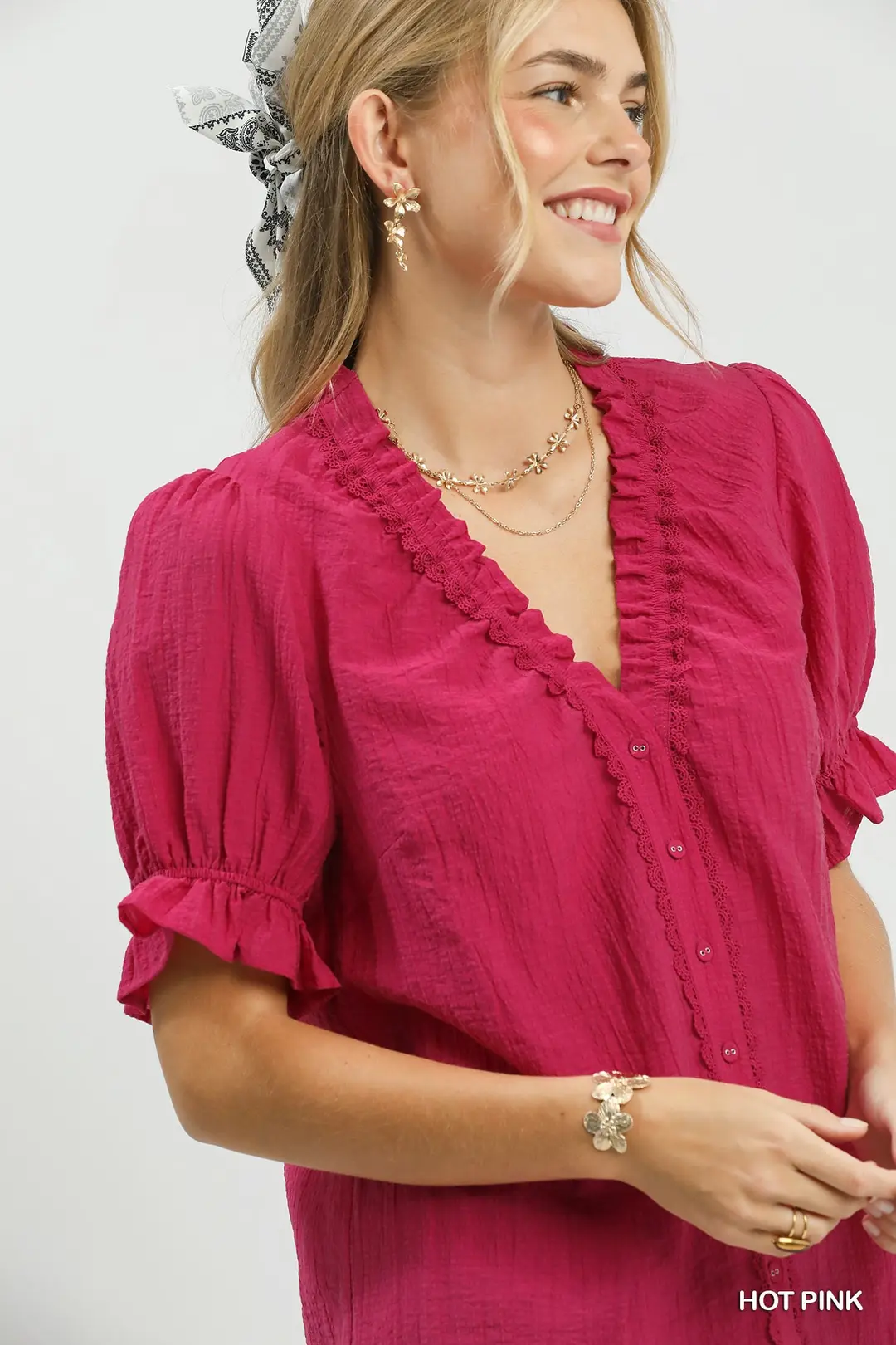 Textured Button-Front Puff Sleeve Top, image 5