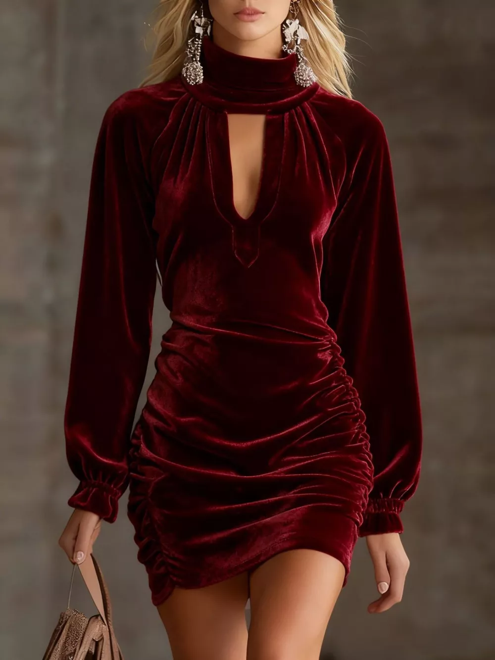 Full Size Velvet Ruched Flounce Sleeve Mini Dress Plus Size, image 17