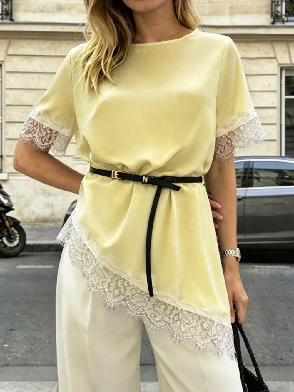 Lace Trim Short Sleeve Satin Top, image 6