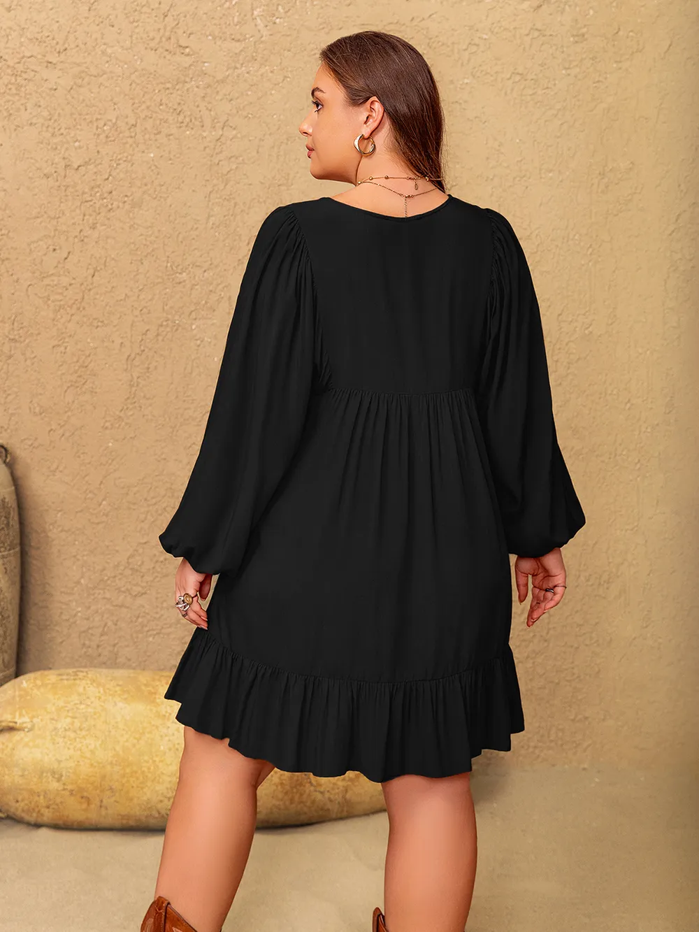 Plus Size Embroidered Tie Neck Long Sleeve Mini Dress, image 7