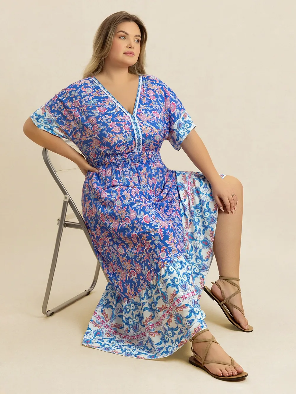 Plus Size Smocked Printed Half Sleeve Midi Dress, image 8