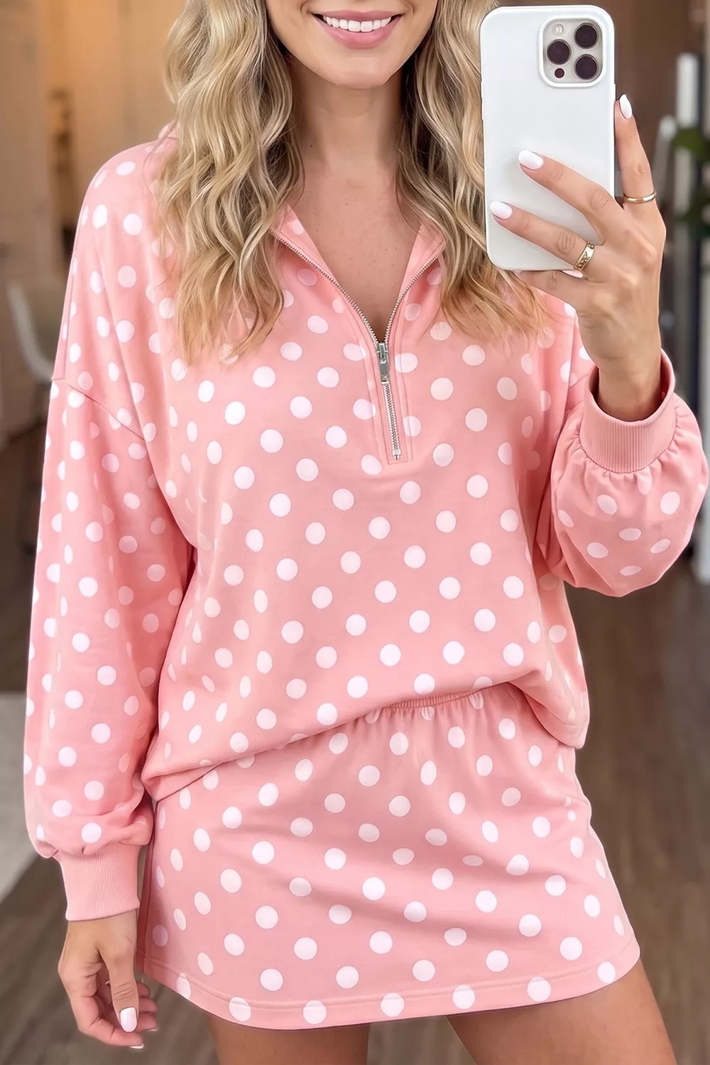 Polka Dot Hooded Long Sleeve Top Casual Mini Skort Set, image 2
