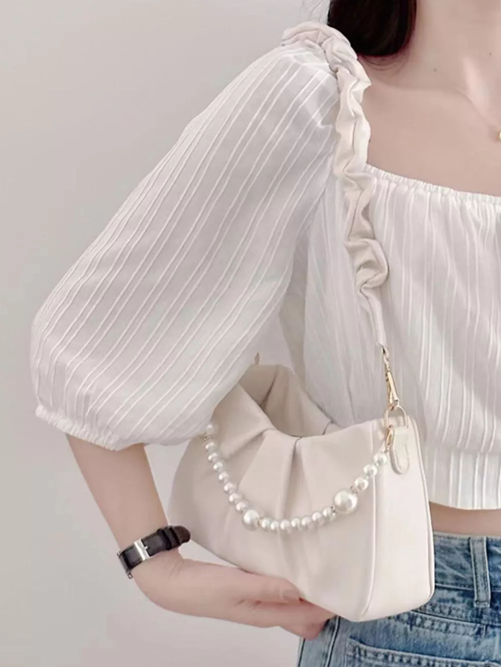 Pearl Embellished Ruched Shoulder Bag, image 4