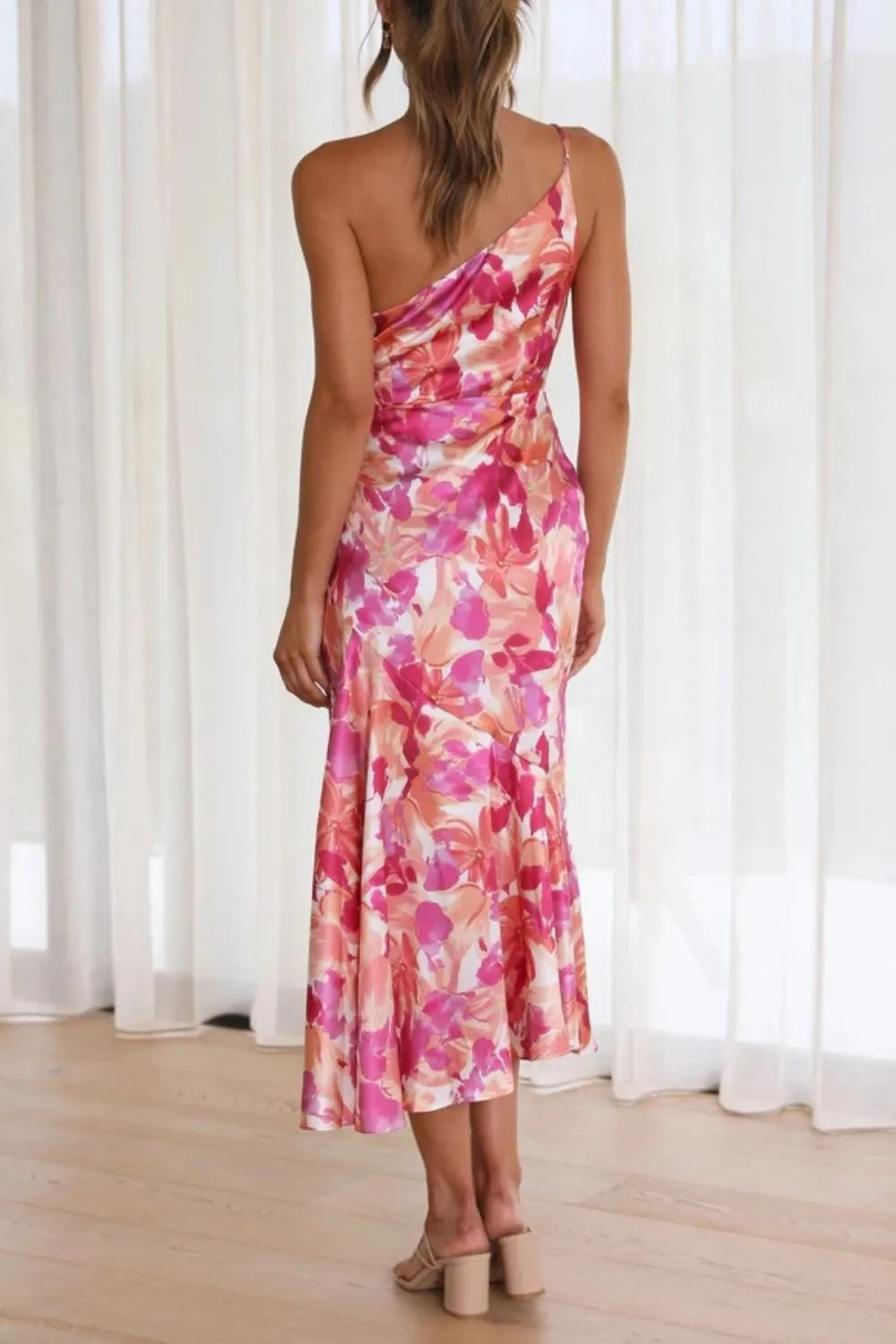 Ruched Printed Single Shoulder Midi Dress, image 2