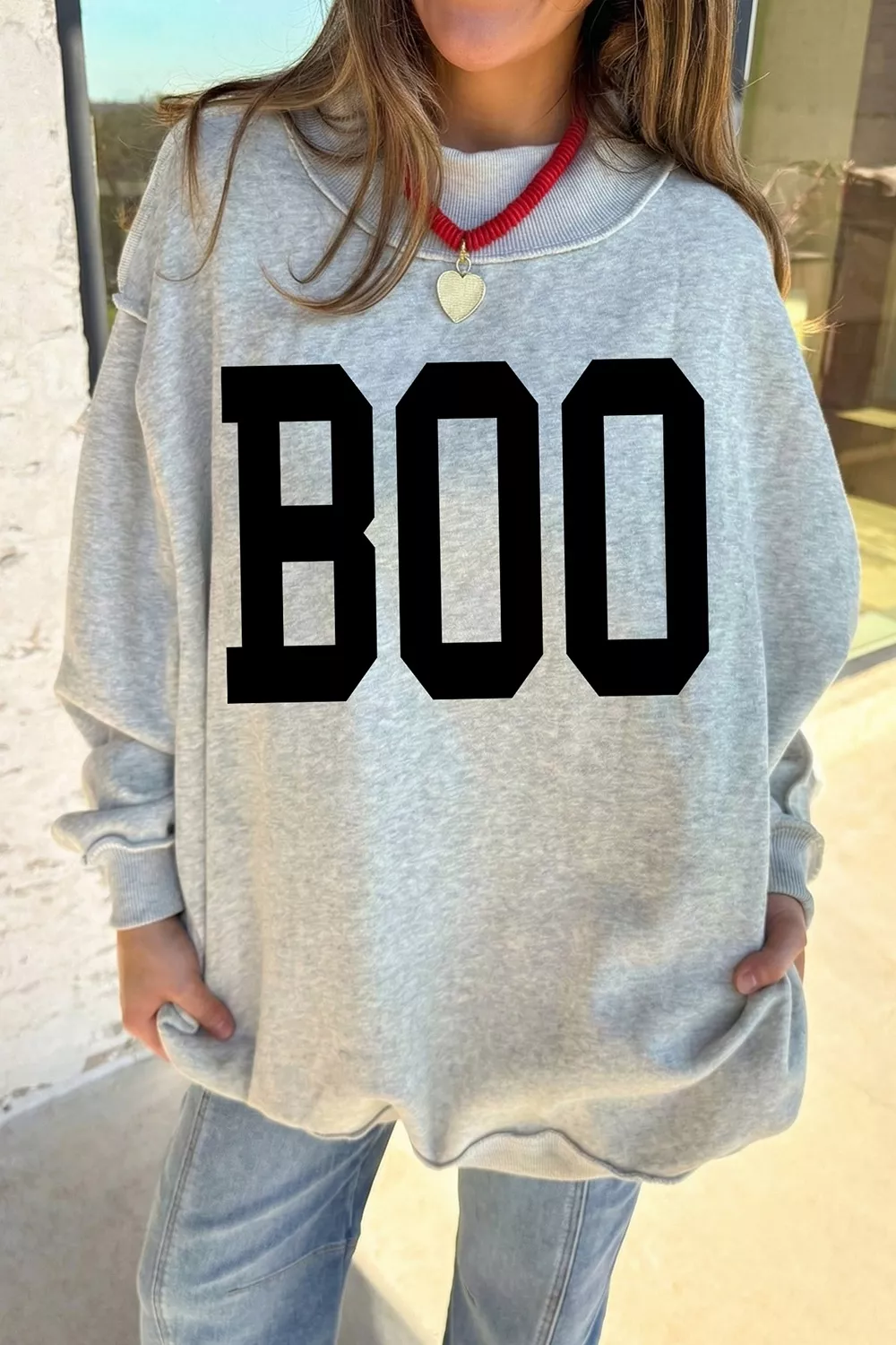 Halloween BOO & Bat Printed Reversible Mock Neck Sweatshirt, image 2