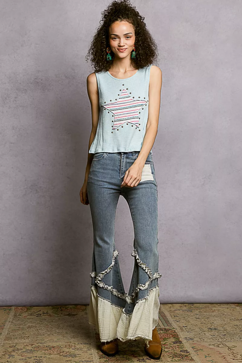 Round Neck Stud Point Ribbed Tank with Stripped Star Patch, image 4