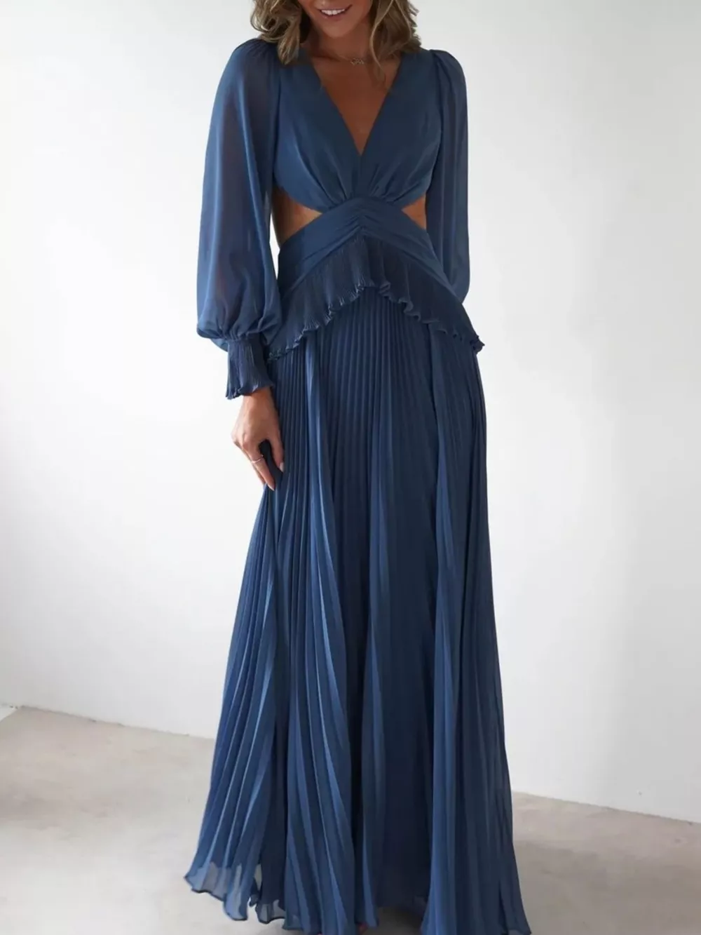 Backless Pleated Long Sleeve Maxi Dress, image 11