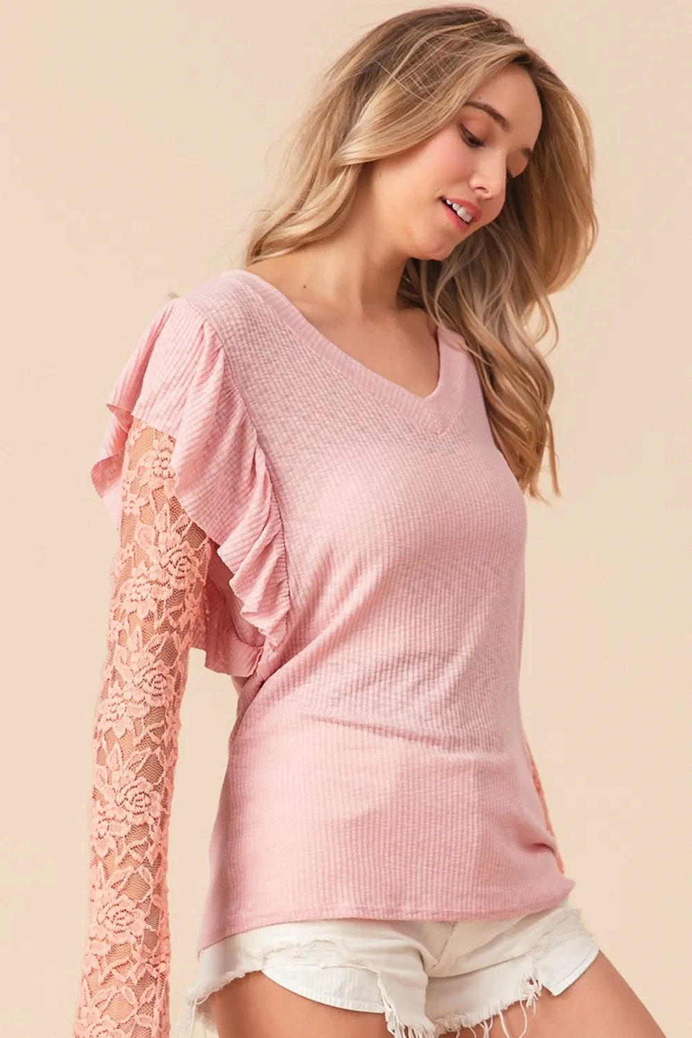 Ruffled Lace Sleeve Rib Knit Top, image 3