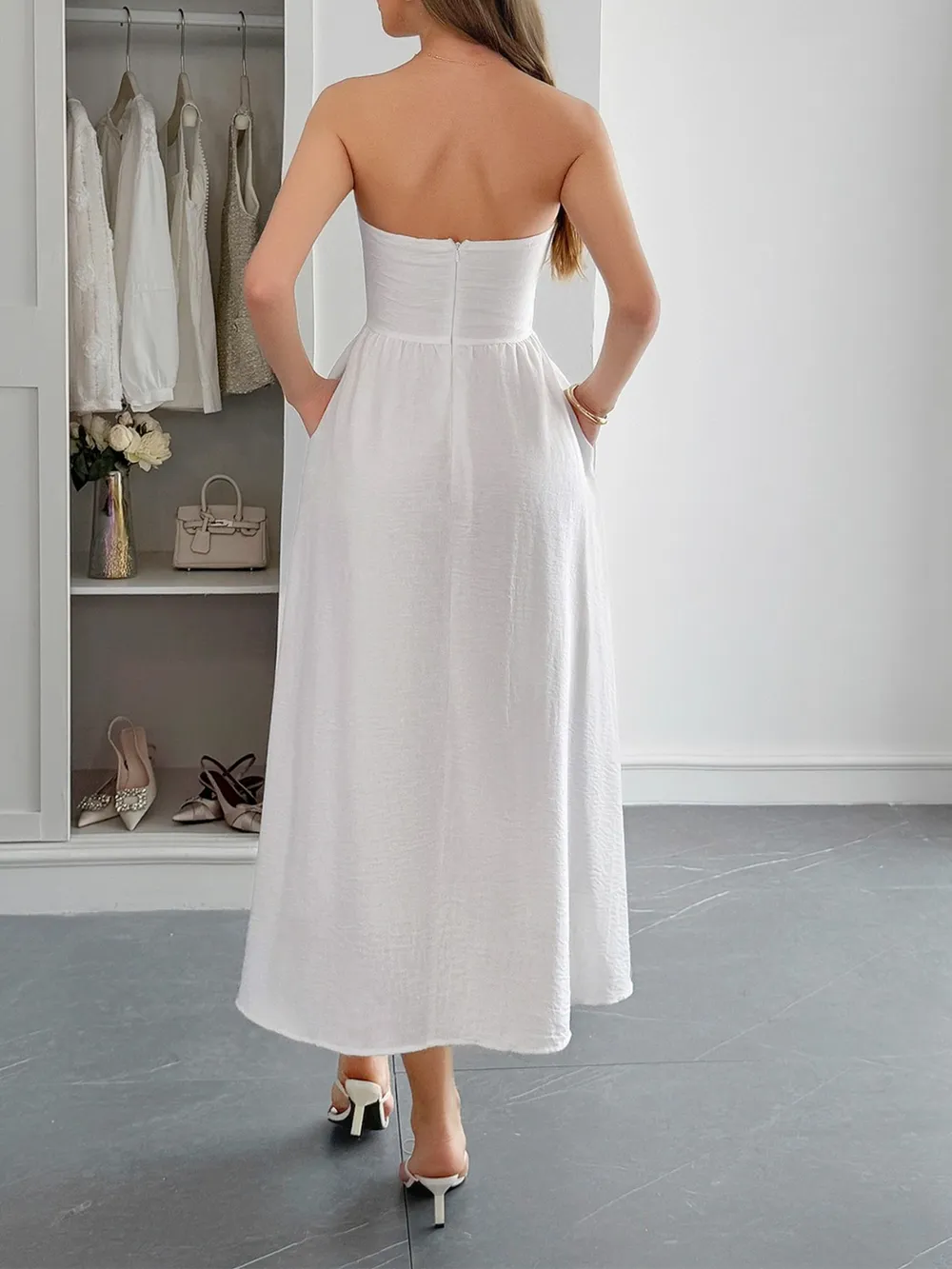 Strapless A-Line Midi Dress with Pockets, image 8