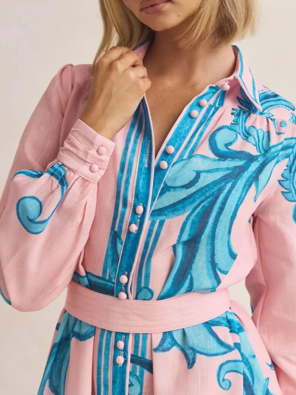 Printed Button Down Belted Shirt Dress, image 20