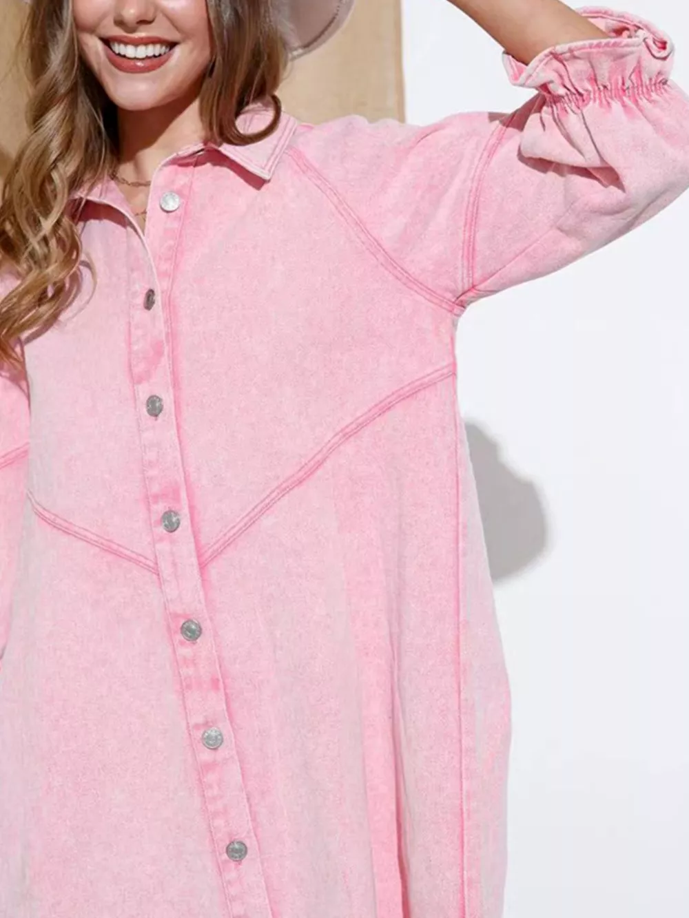 Ruffled Cuff Button-Down Denim Dress, image 12