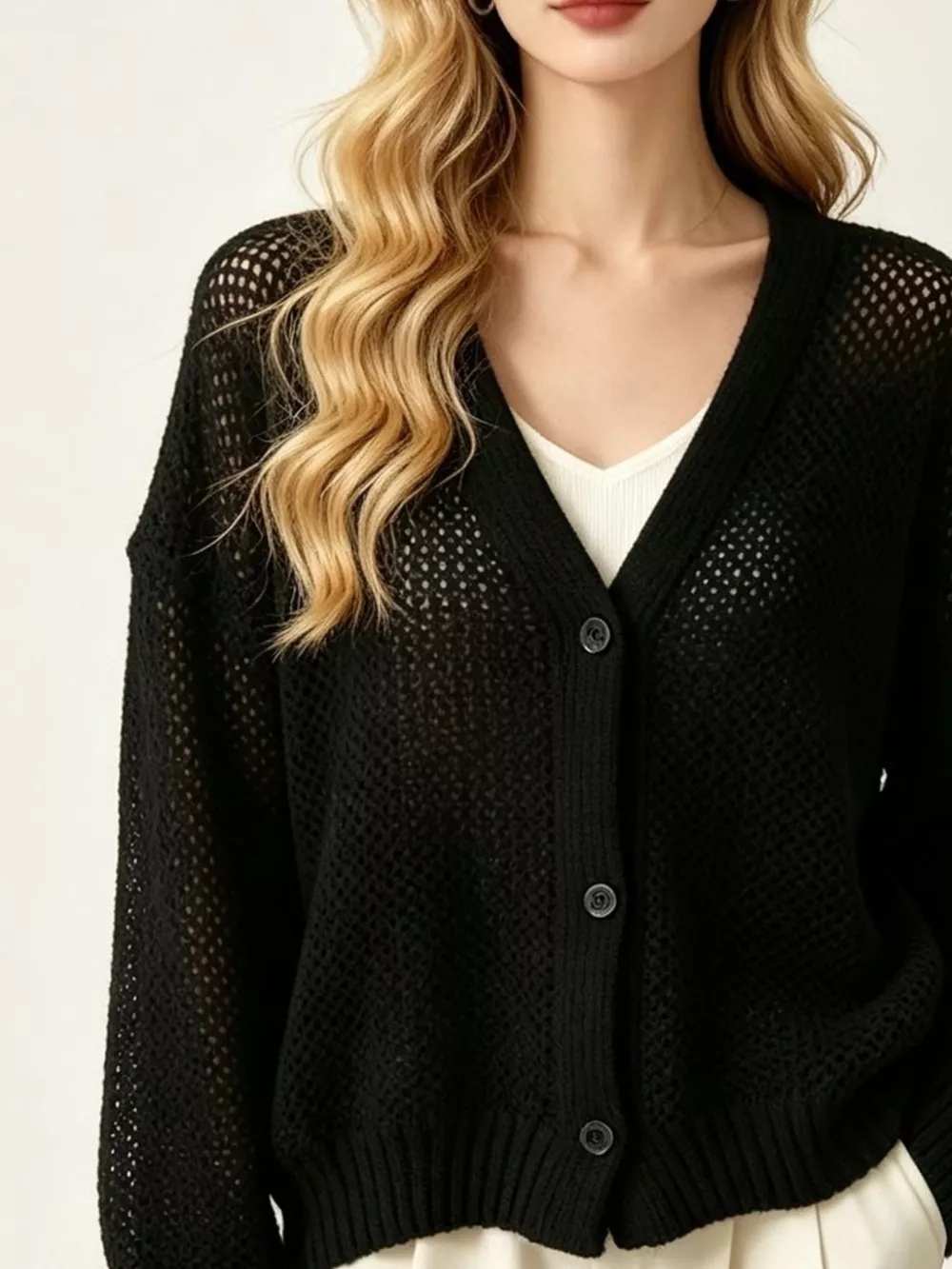 V-Neck Open-Knit Button-Down Cardigan, image 15