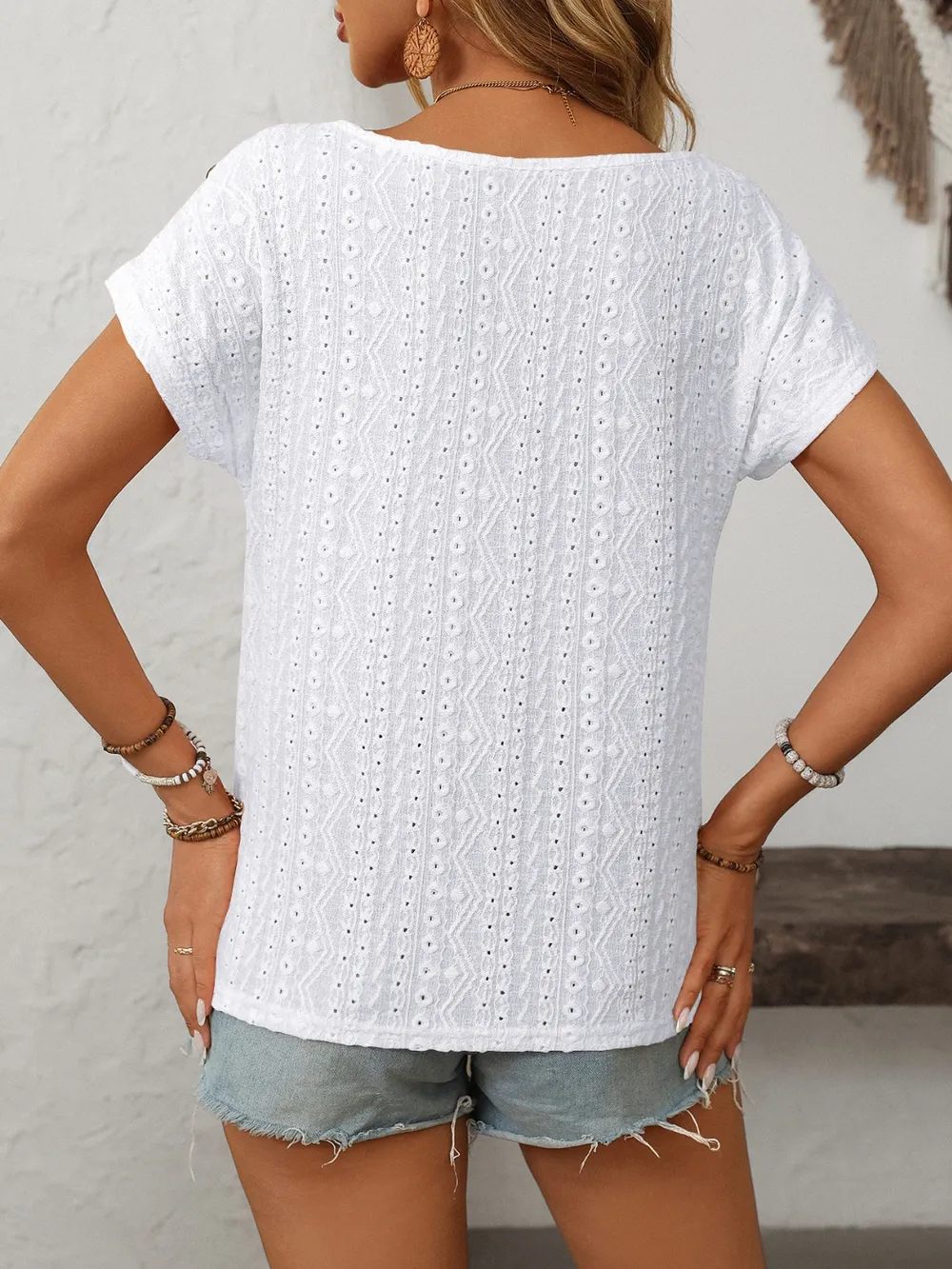 Eyelet Round Neck Short Sleeve Top, image 9